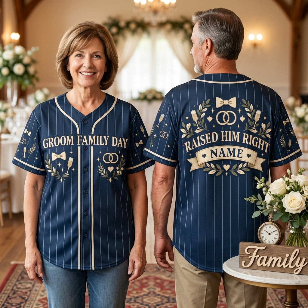 Custom Groom Family Wedding Day Baseball Jersey - Raised Him Right Design - mockup 2