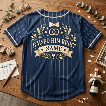 Custom Groom Family Wedding Day Baseball Jersey - Raised Him Right Design - mockup 4