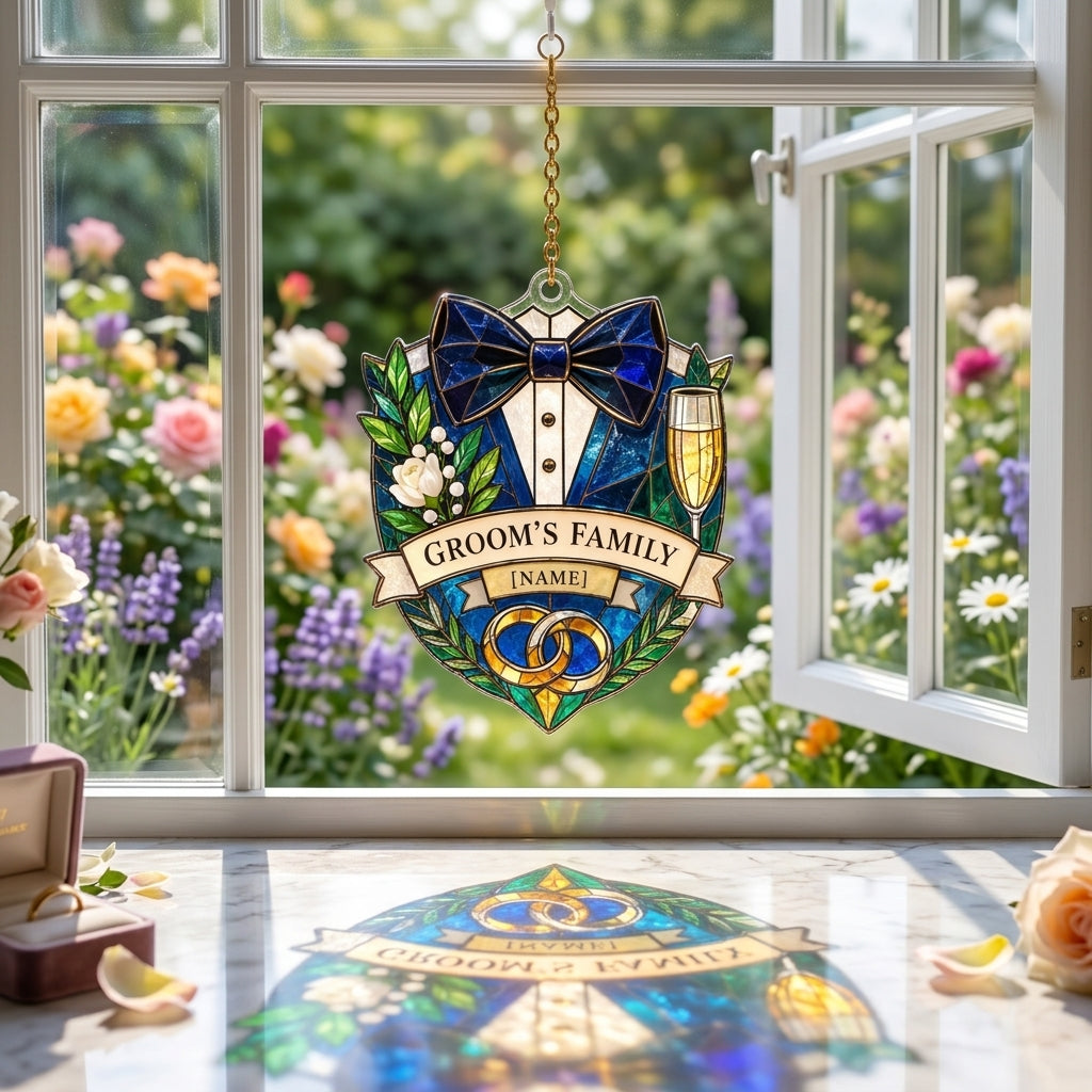 Personalized Groom Family Wedding Day Custom Shape Suncatcher - Elegant Keepsake Gift - mockup 1