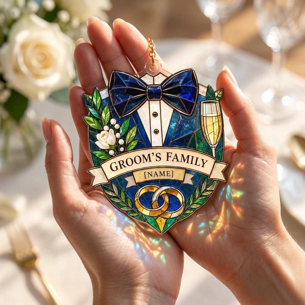 Personalized Groom Family Wedding Day Custom Shape Suncatcher - Elegant Keepsake Gift - mockup 3