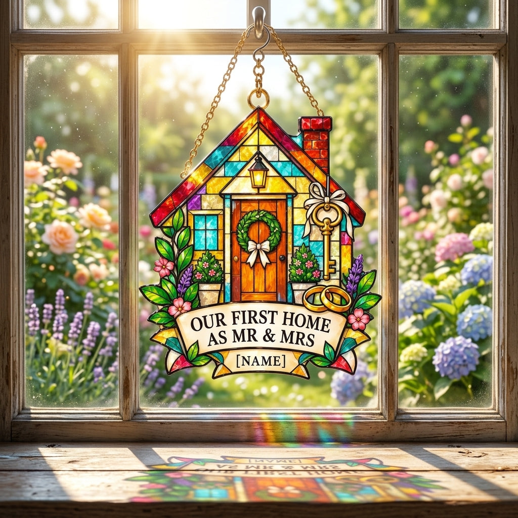 Personalized First Home as Mr and Mrs Custom Shape Suncatcher - New Home Gift - mockup 1