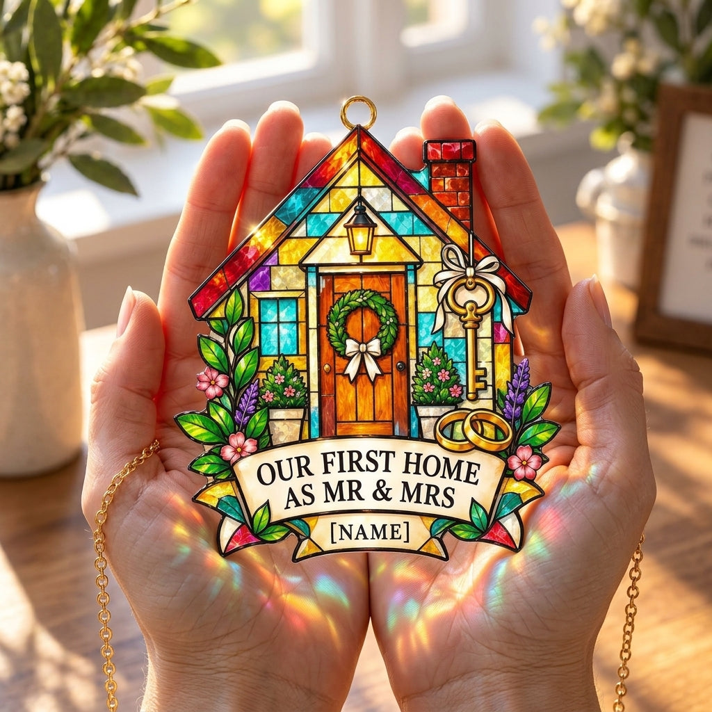 Personalized First Home as Mr and Mrs Custom Shape Suncatcher - New Home Gift - mockup 3