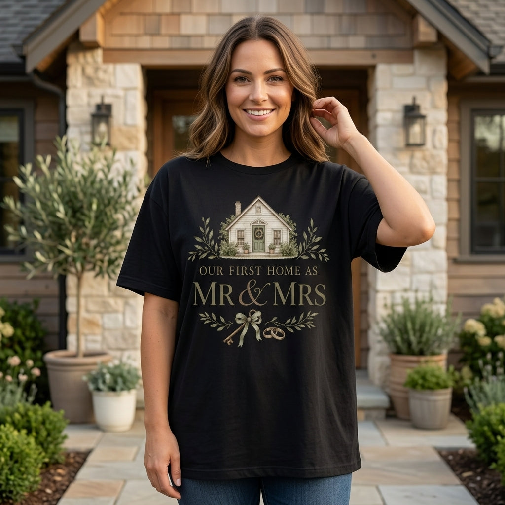 Our First Home as Mr and Mrs T-shirt Sweatshirt Hoodie - Newlywed Housewarming Gift - mockup 1