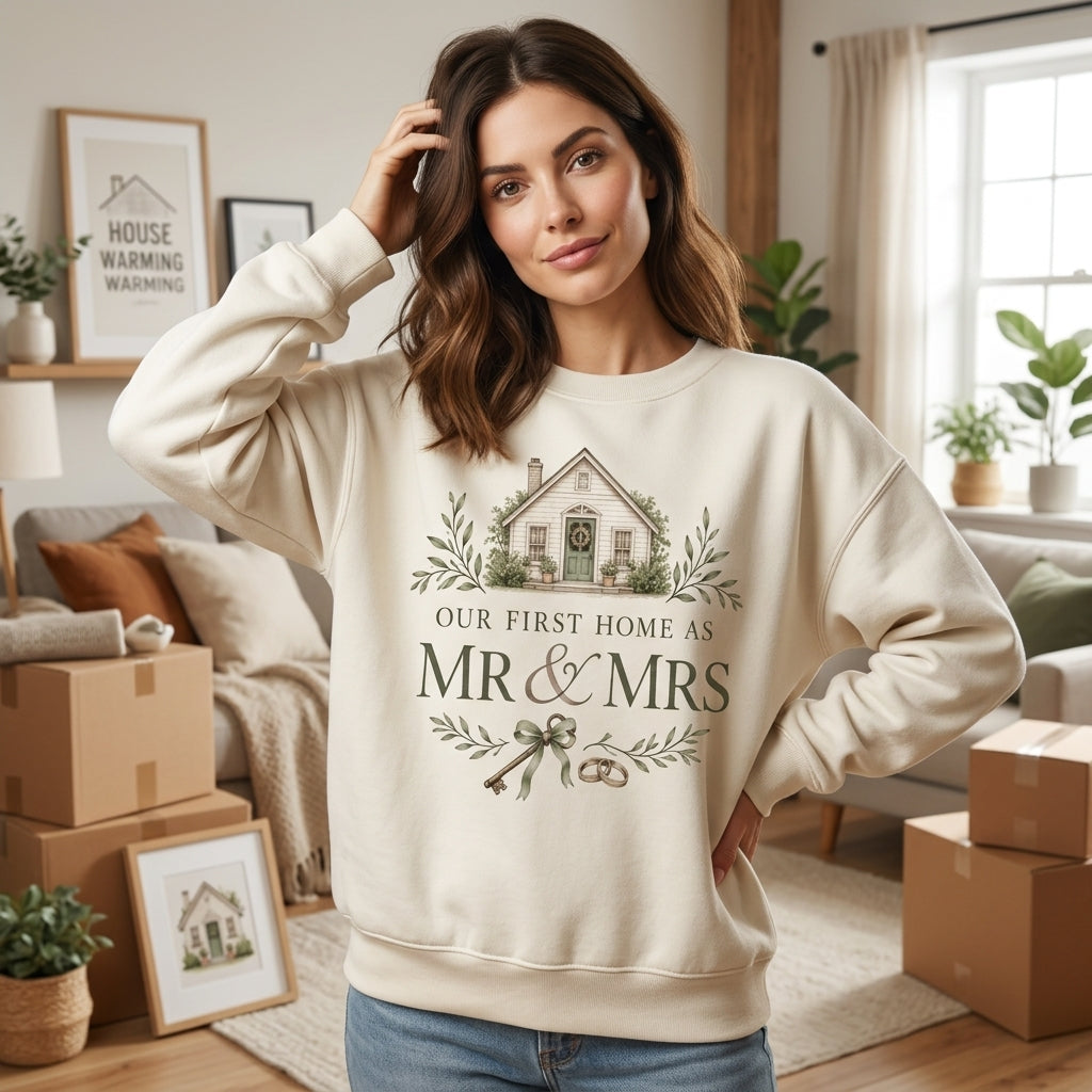 Our First Home as Mr and Mrs T-shirt Sweatshirt Hoodie - Newlywed Housewarming Gift - mockup 2