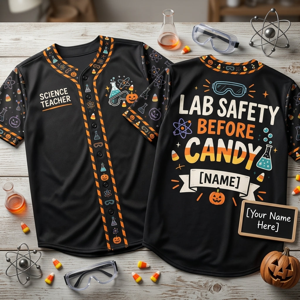 Custom Lab Safety Before Candy Science Teacher Halloween Baseball Jersey - mockup 1