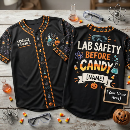 Custom Lab Safety Before Candy Science Teacher Halloween Baseball Jersey - mockup 1