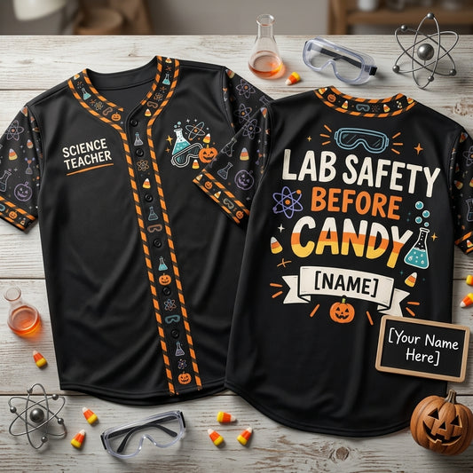 Custom Lab Safety Before Candy Science Teacher Halloween Baseball Jersey - mockup 1