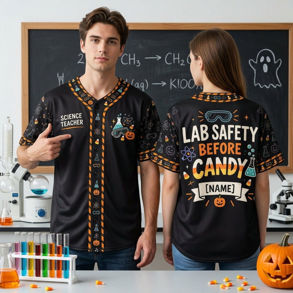 Custom Lab Safety Before Candy Science Teacher Halloween Baseball Jersey - mockup 2