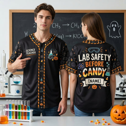 Custom Lab Safety Before Candy Science Teacher Halloween Baseball Jersey - mockup 2