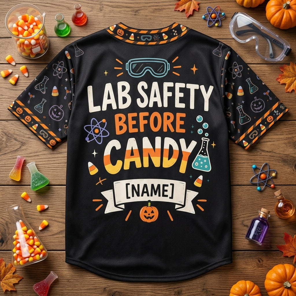 Custom Lab Safety Before Candy Science Teacher Halloween Baseball Jersey - mockup 4