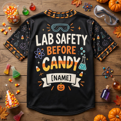 Custom Lab Safety Before Candy Science Teacher Halloween Baseball Jersey - mockup 4