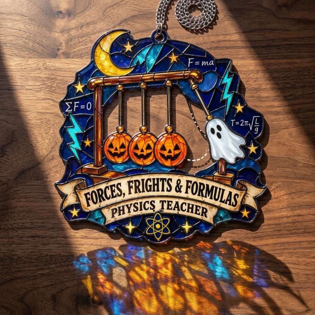 Forces Frights & Formulas Physics Teacher Halloween Custom Shape Suncatcher - mockup 2