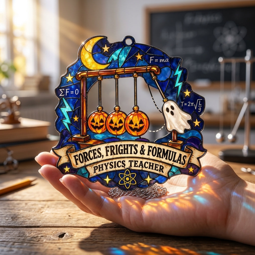 Forces Frights & Formulas Physics Teacher Halloween Custom Shape Suncatcher - mockup 3