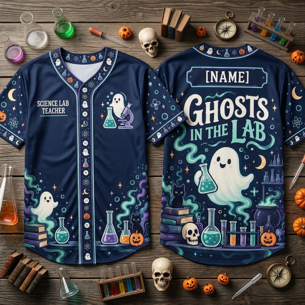 Custom Ghost Science Laboratory Teacher Baseball Jersey - Spooky Halloween Apparel - mockup 1