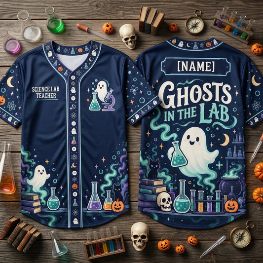 Custom Ghost Science Laboratory Teacher Baseball Jersey - Spooky Halloween Apparel - mockup 1