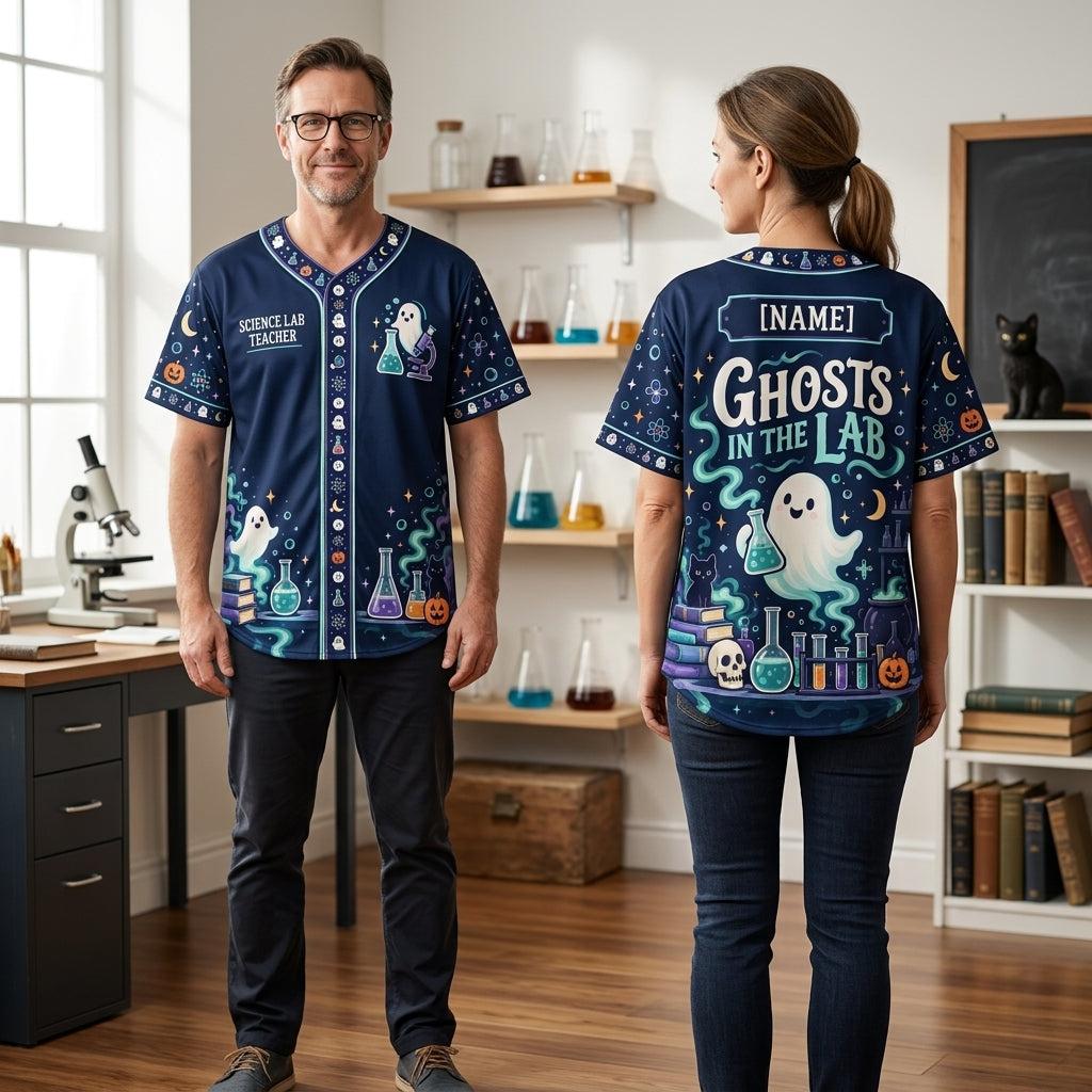 Custom Ghost Science Laboratory Teacher Baseball Jersey - Spooky Halloween Apparel - mockup 2