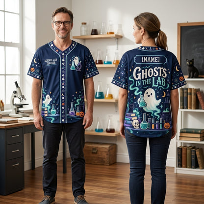 Custom Ghost Science Laboratory Teacher Baseball Jersey - Spooky Halloween Apparel - mockup 2