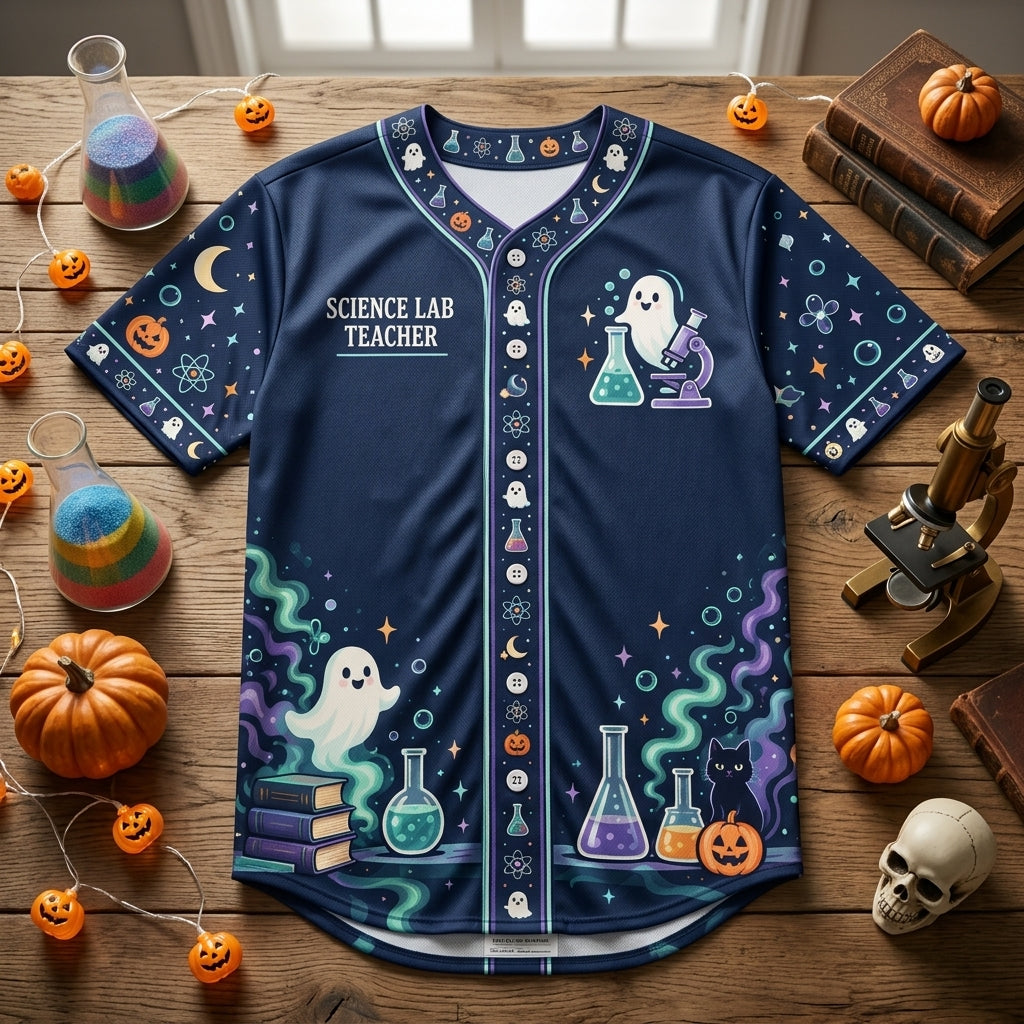 Custom Ghost Science Laboratory Teacher Baseball Jersey - Spooky Halloween Apparel - mockup 3