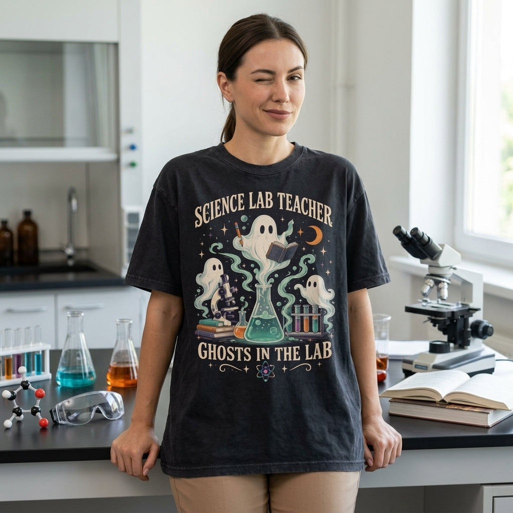 Science Lab Teacher Ghost In The Lab T-shirt Sweatshirt Hoodie - Spooky Science Gift - mockup 1