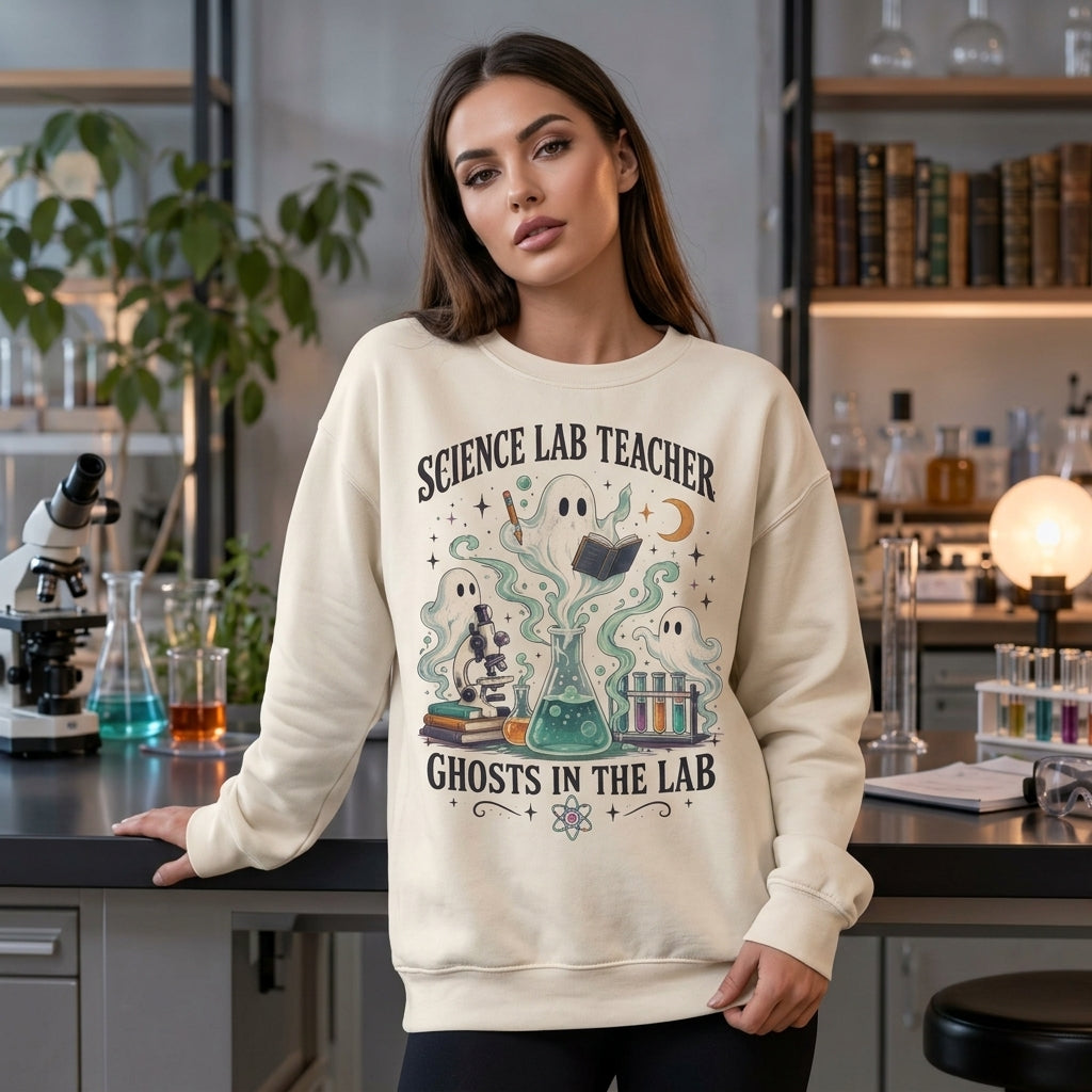 Science Lab Teacher Ghost In The Lab T-shirt Sweatshirt Hoodie - Spooky Science Gift - mockup 2