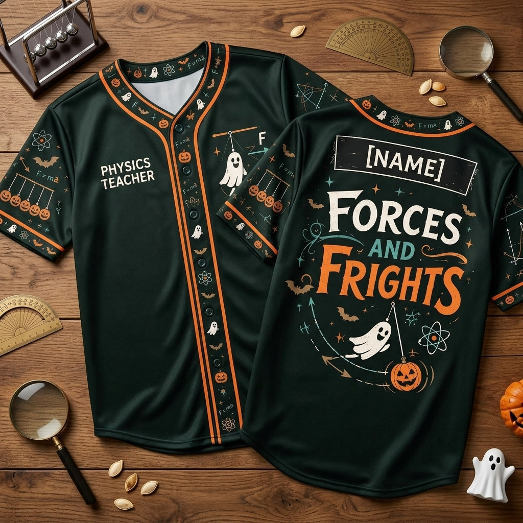 Custom Physics Teacher Halloween Baseball Jersey - Forces and Frights - mockup 1
