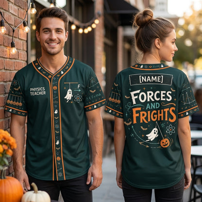 Custom Physics Teacher Halloween Baseball Jersey - Forces and Frights - mockup 2