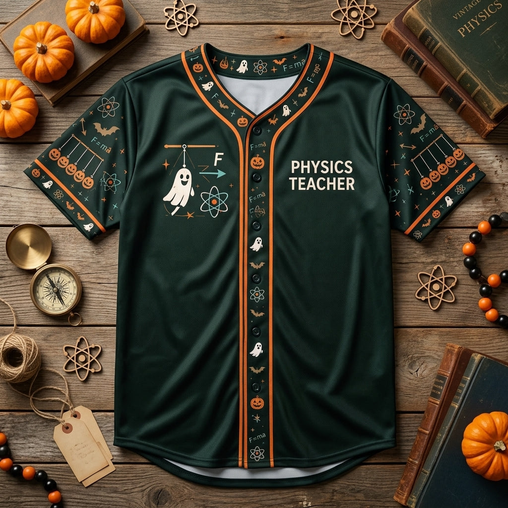 Custom Physics Teacher Halloween Baseball Jersey - Forces and Frights - mockup 3