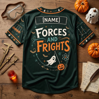 Custom Physics Teacher Halloween Baseball Jersey - Forces and Frights - mockup 4