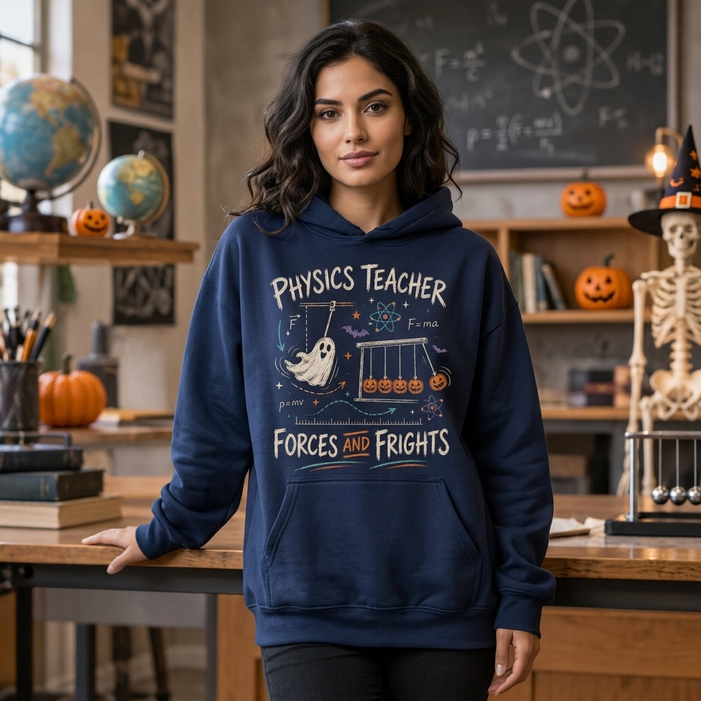 Physics Teacher Halloween Forces and Frights T-shirt Sweatshirt Hoodie - Science Gift - mockup 3