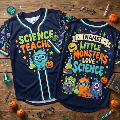 Custom Science Teacher Little Monsters Baseball Jersey – Personalized Halloween Gift - mockup 1