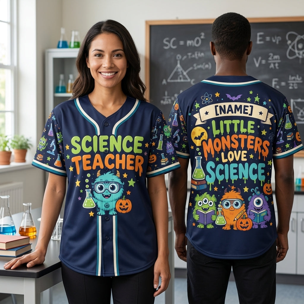 Custom Science Teacher Little Monsters Baseball Jersey – Personalized Halloween Gift - mockup 2