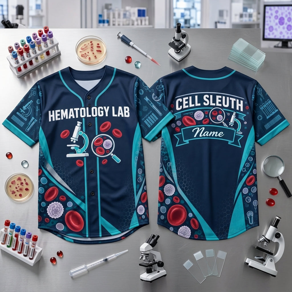 Personalized Hematology Cell Sleuth Medical Lab Scientist Baseball Jersey – Lab Tech Gift - mockup 1