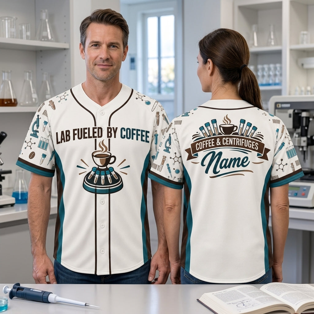 Personalized Fueled by Coffee and Centrifuges Baseball Jersey - Lab Tech Gift - mockup 2