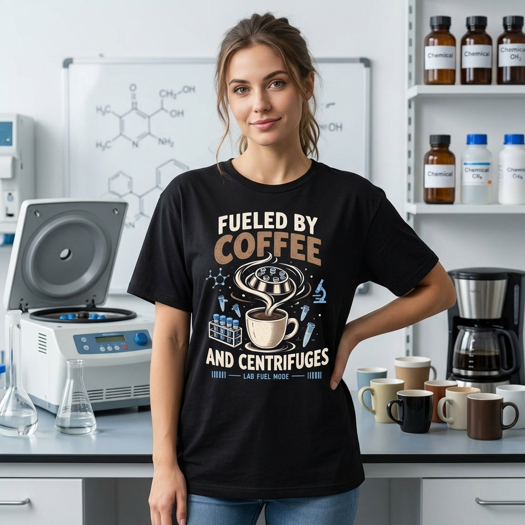 Fueled by Coffee and Centrifuges T-shirt Sweatshirt Hoodie – Funny Lab Tech Gift - mockup 1