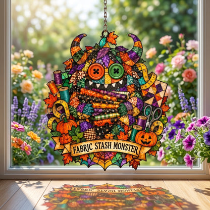 Fabric Stash Monster Patchwork Acrylic Custom Shape Suncatcher – Gift for Quilters - mockup 1