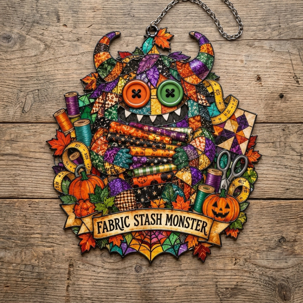 Fabric Stash Monster Patchwork Acrylic Custom Shape Suncatcher – Gift for Quilters - mockup 2