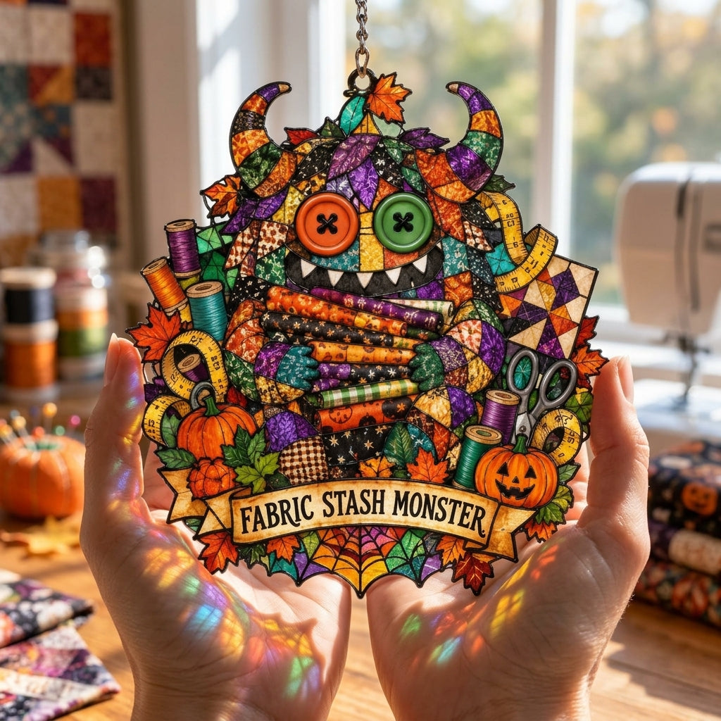 Fabric Stash Monster Patchwork Acrylic Custom Shape Suncatcher – Gift for Quilters - mockup 3