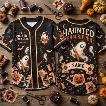 Personalized Haunted Seam Ripper Quilter After Dark Baseball Jersey – Spooky Sewing Gift - mockup 1