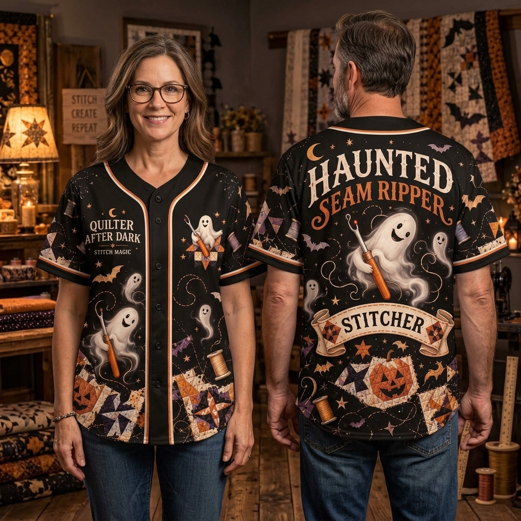 Personalized Haunted Seam Ripper Quilter After Dark Baseball Jersey – Spooky Sewing Gift - mockup 2