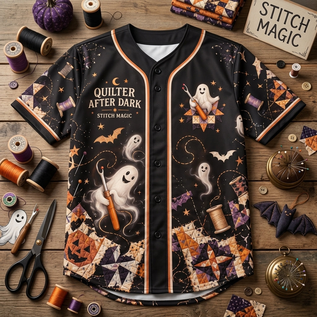 Personalized Haunted Seam Ripper Quilter After Dark Baseball Jersey – Spooky Sewing Gift - mockup 3