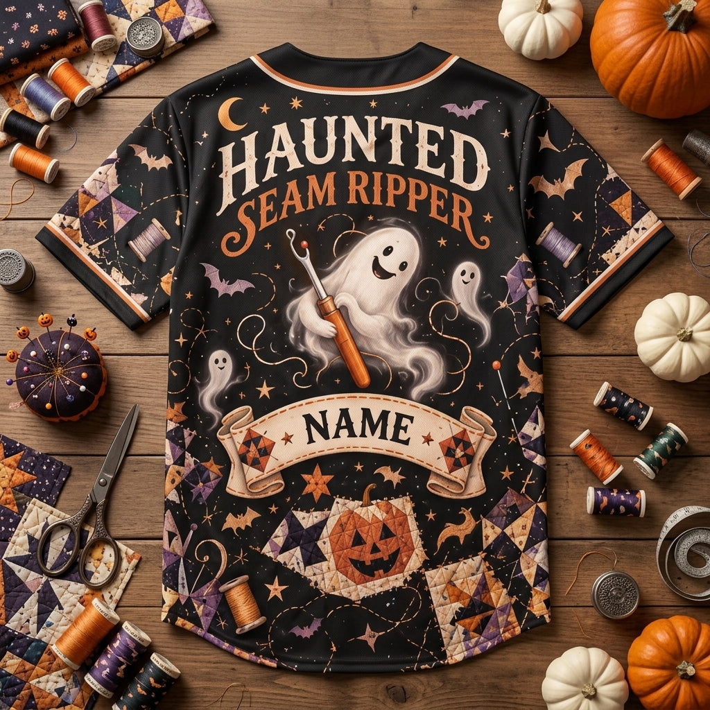 Personalized Haunted Seam Ripper Quilter After Dark Baseball Jersey – Spooky Sewing Gift - mockup 4