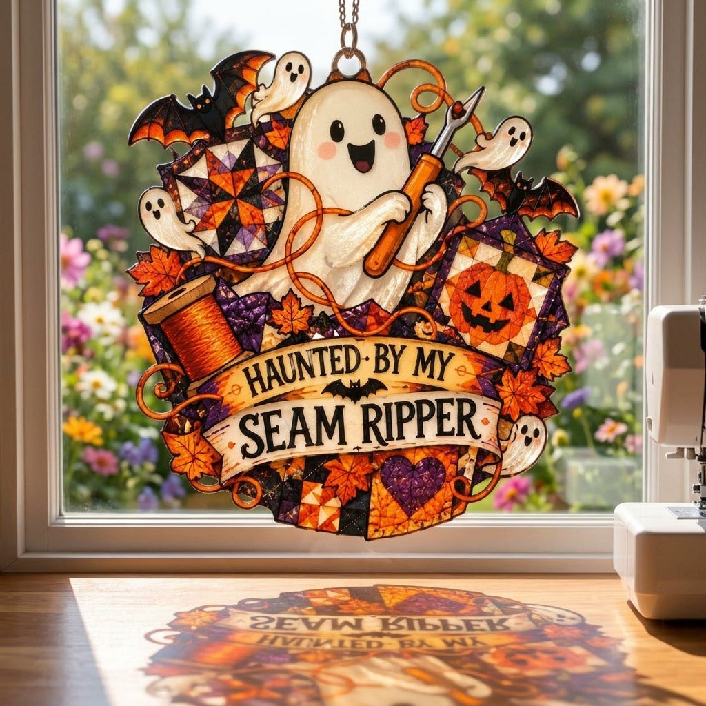 Haunted Seam Ripper Ghost Custom Shape Suncatcher – Funny Sewing Room Decor - mockup 1