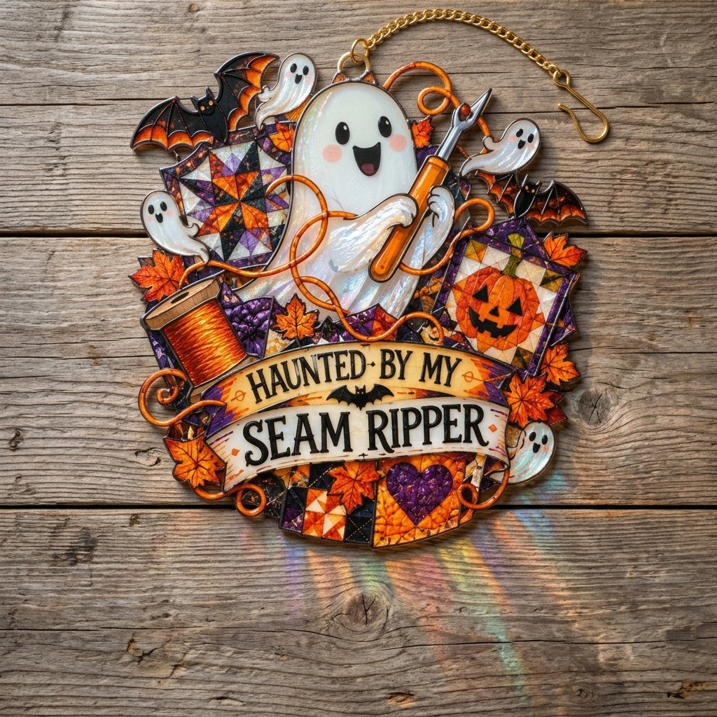 Haunted Seam Ripper Ghost Custom Shape Suncatcher – Funny Sewing Room Decor - mockup 2