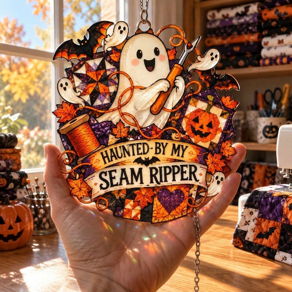Haunted Seam Ripper Ghost Custom Shape Suncatcher – Funny Sewing Room Decor - mockup 3