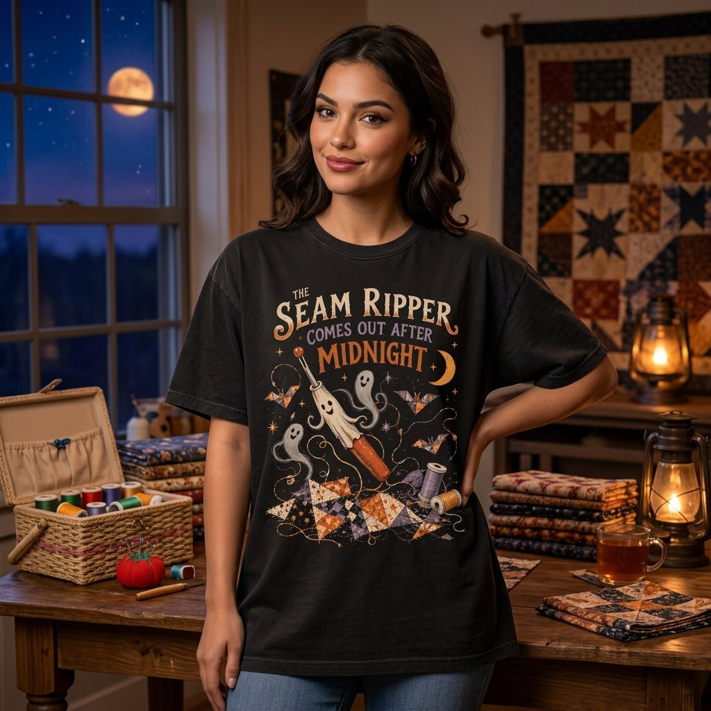 Haunted Seam Ripper Comes Out After Midnight T-shirt Sweatshirt Hoodie for Quilters - mockup 1