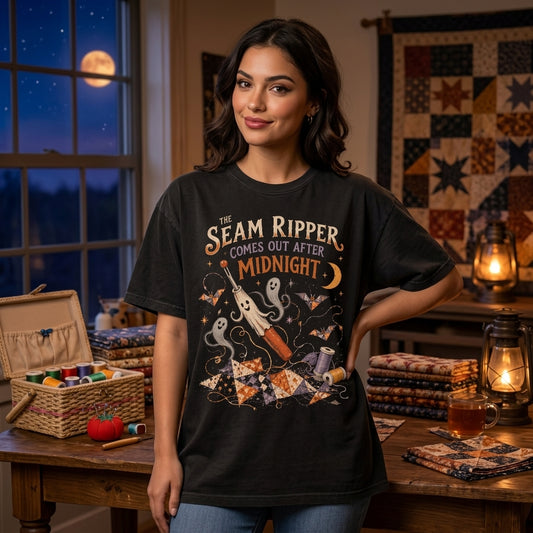 Haunted Seam Ripper Comes Out After Midnight T-shirt Sweatshirt Hoodie for Quilters - mockup 1