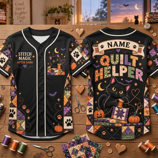 Personalized Black Cat Quilt Helper Baseball Jersey – Gift for Quilting Lovers - mockup 1
