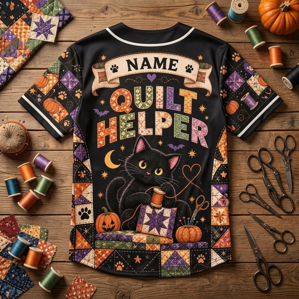 Personalized Black Cat Quilt Helper Baseball Jersey – Gift for Quilting Lovers - mockup 4