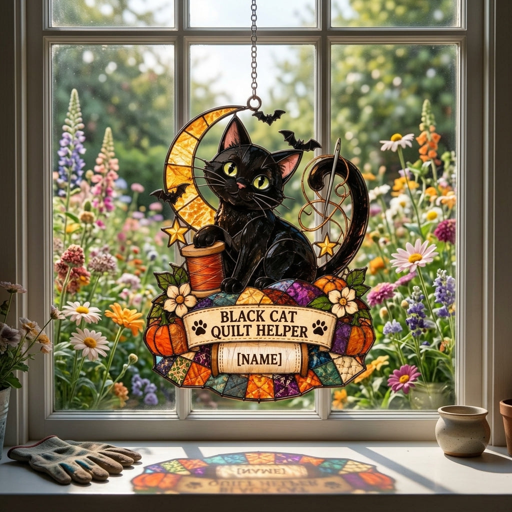 Personalized Black Cat Quilt Helper Custom Shape Suncatcher – Gift for Sewing Enthusiasts - mockup 1