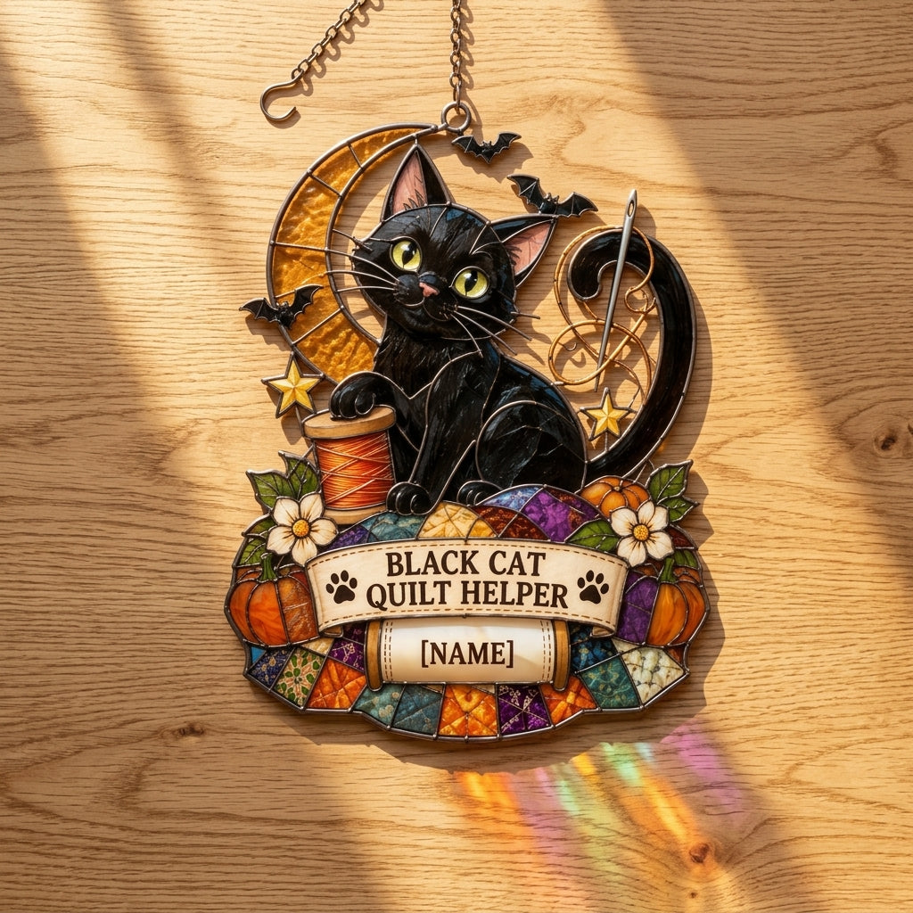 Personalized Black Cat Quilt Helper Custom Shape Suncatcher – Gift for Sewing Enthusiasts - mockup 2